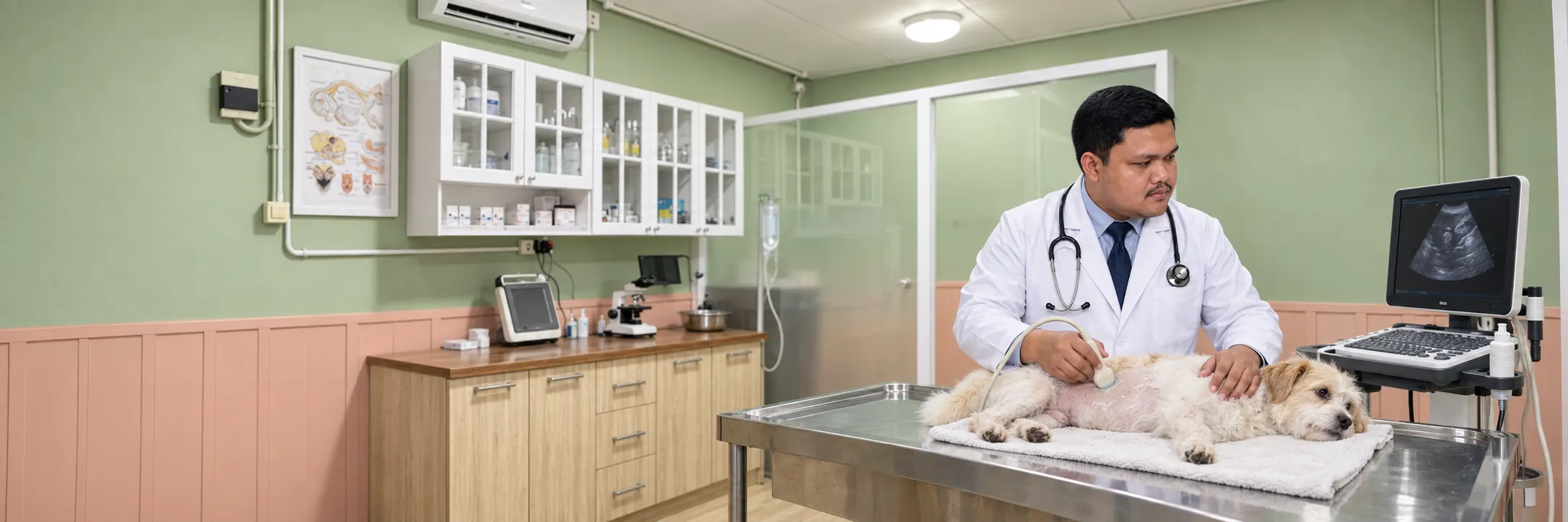 drh. Cristopel Tandirerung melakukan USG pada anjing di ruang periksa Loca Pet Care