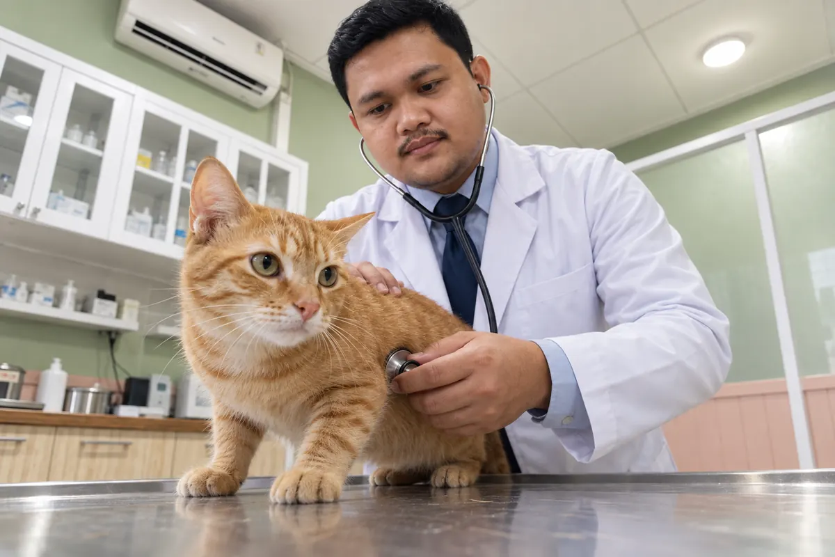 drh. Cristopel Tandirerung memeriksa kucing dengan stetoskop di ruang periksa