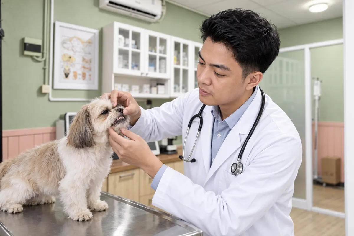 drh. Muh. Rifqi Al Ikhzan memeriksa gigi anjing Shih Tzu di ruang periksa