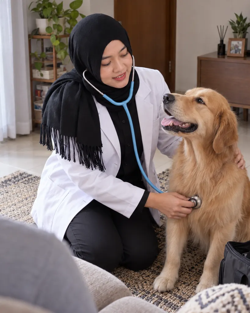 drh. Farah Nabila Azzahra memeriksa golden retriever saat home visit di Jakarta Pusat
