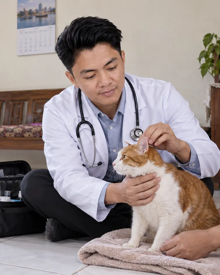 Dokter hewan Loca Pet Care memeriksa kucing saat home visit di Jakarta Utara