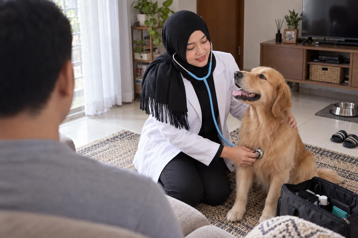 drh. Farah Nabila Azzahra memeriksa golden retriever saat home visit