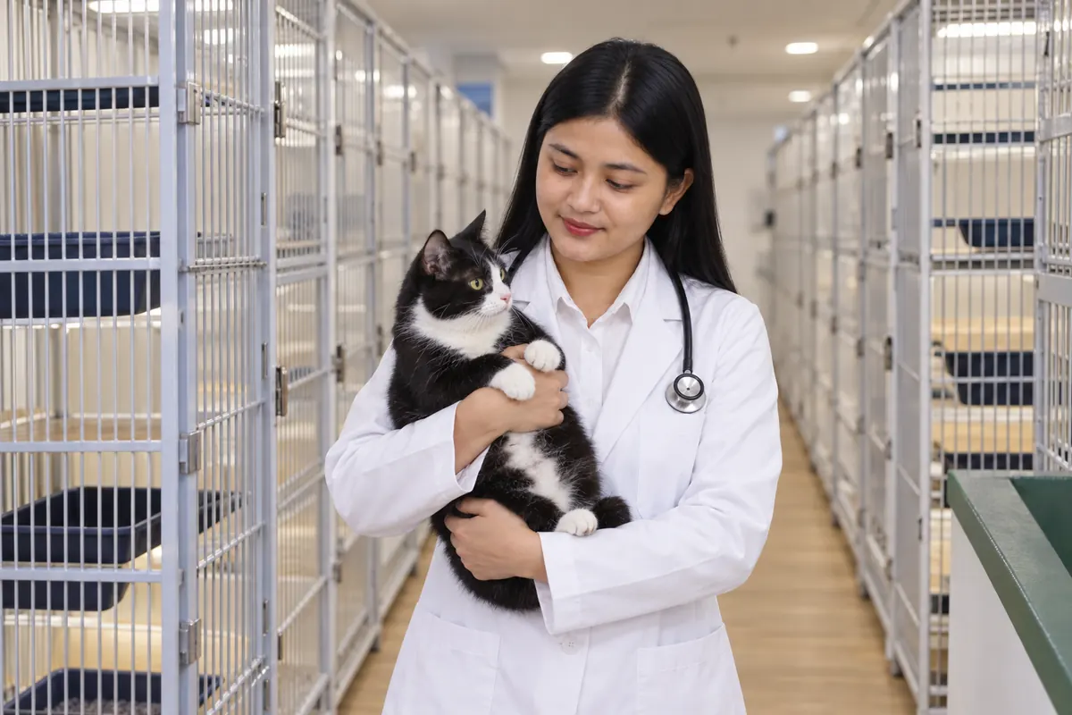 drh. Nola Alfieni Sartika menggendong kucing di pet hotel